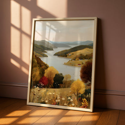 a framed painting of a scenic landscape with a river, mountains, and trees.