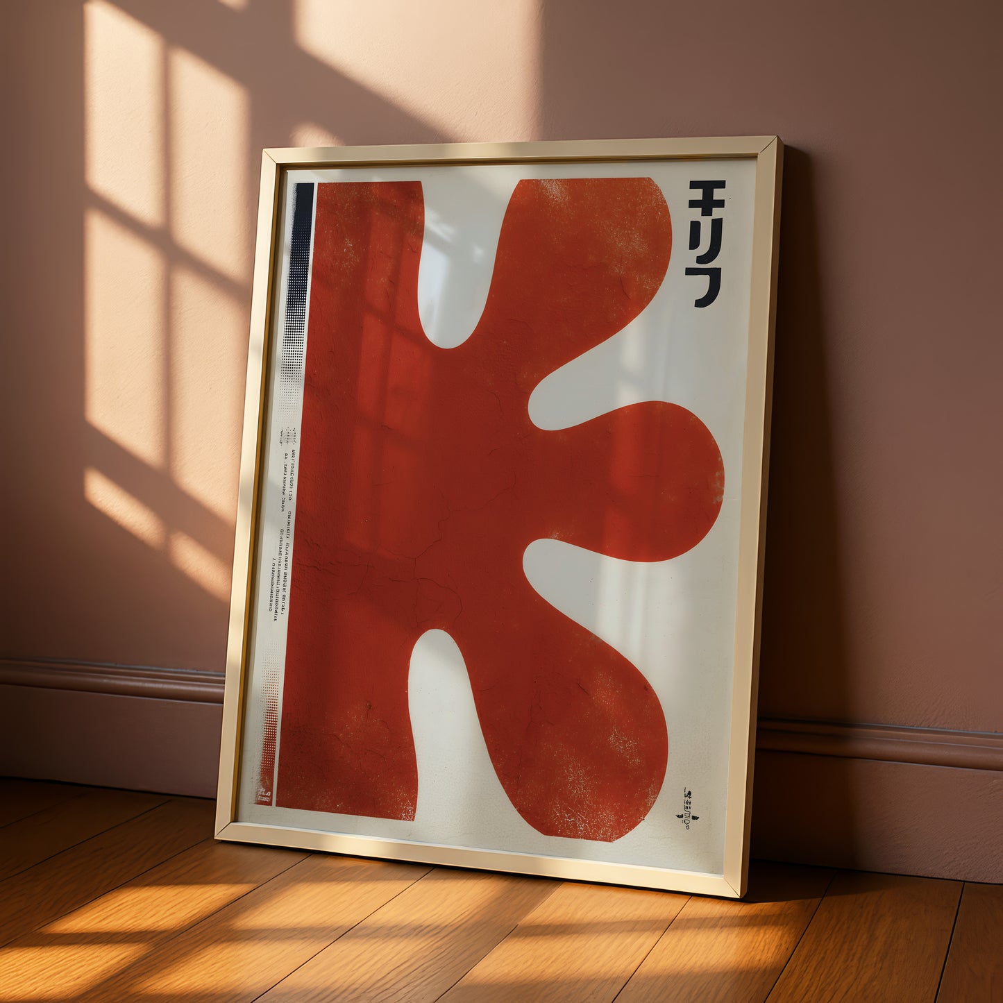 a large, abstract red shape with a white border, standing on a wooden floor against a pink wall.