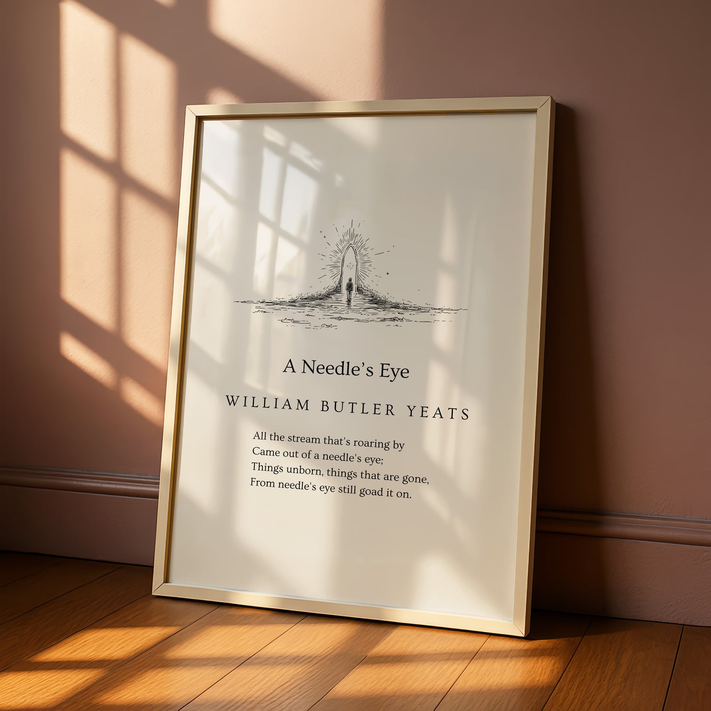 A framed poster with a black and white illustration of a needle piercing a body, accompanied by a poem titled "A Needle's Eye" by William Butler Yeats.