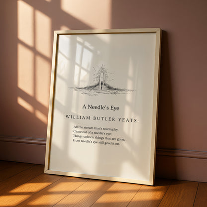 A framed poster with a black and white illustration of a needle piercing a body, accompanied by a poem titled "A Needle's Eye" by William Butler Yeats.