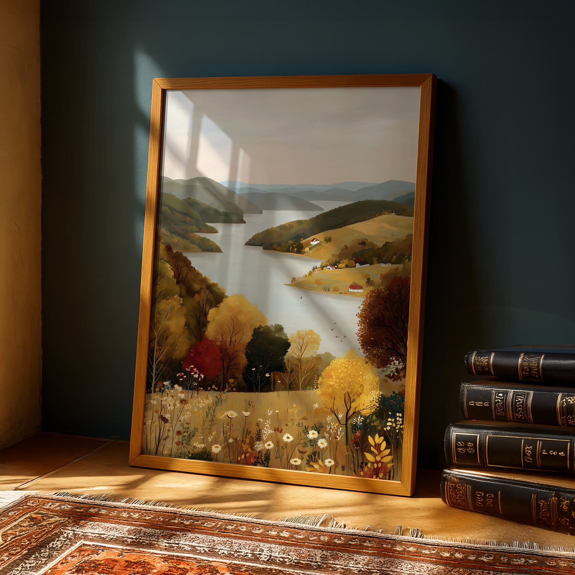 a framed painting of a scenic landscape with a lake, mountains, and trees, placed on a wooden floor next to a stack of books.