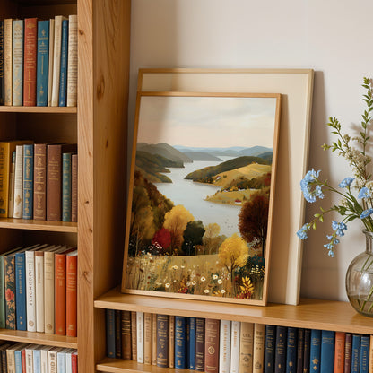 a wooden bookshelf filled with books, a framed landscape painting depicting a serene countryside scene, and a vase of blue flowers.
