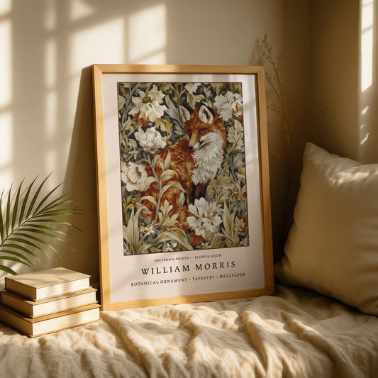 A framed print of a fox surrounded by a floral background is displayed on a bed, with a stack of books and a plant nearby.
