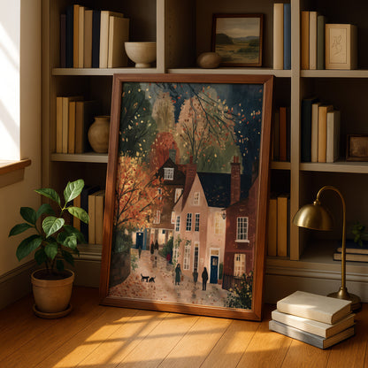 a framed painting of a quaint village scene, with a house, trees, and people walking along a path. The painting is displayed on a wooden shelf, surrounded by books and a lamp, creating a cozy and intellectual atmosphere.