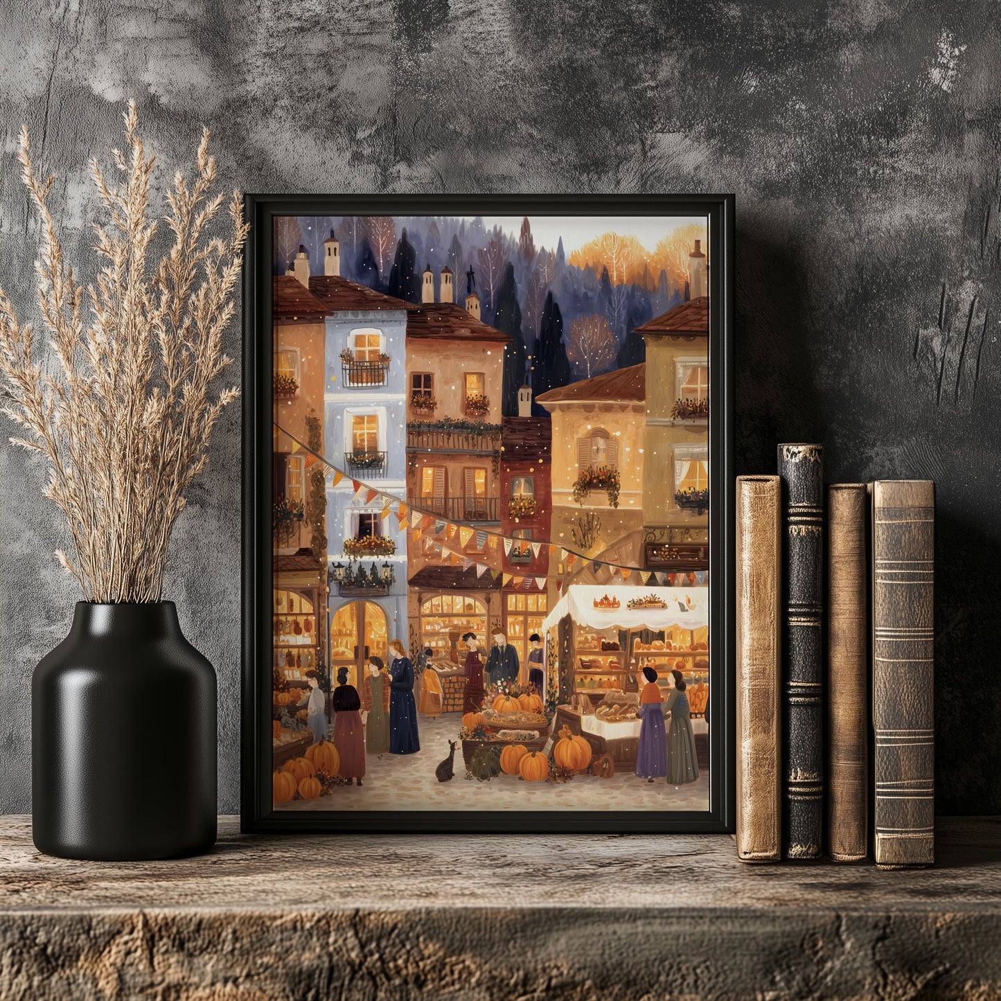 a framed painting of a lively street scene with people, buildings, and a pumpkin patch, surrounded by autumnal elements such as pumpkins and fall foliage.