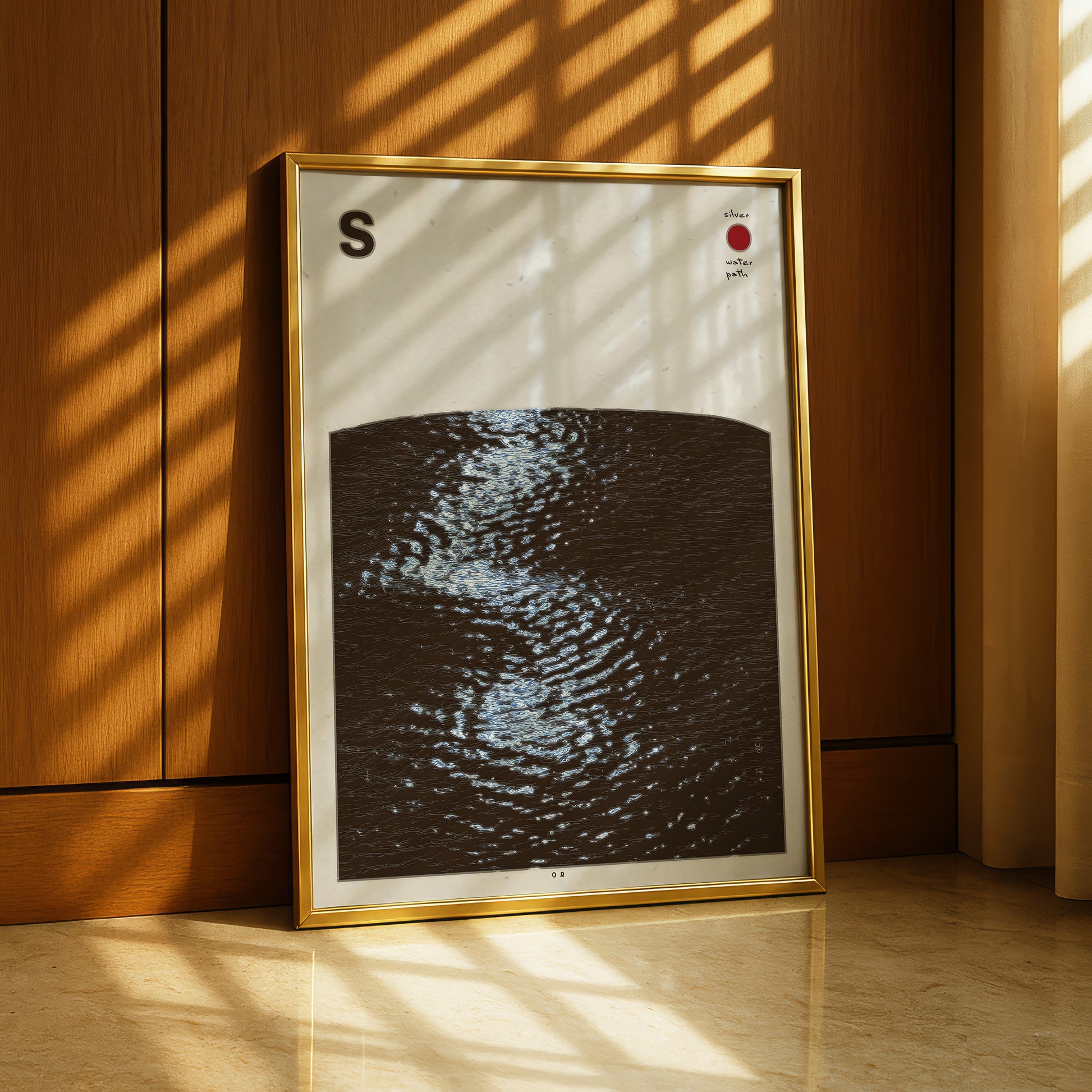 a framed artwork depicting a black and white abstract design with a wave-like pattern.