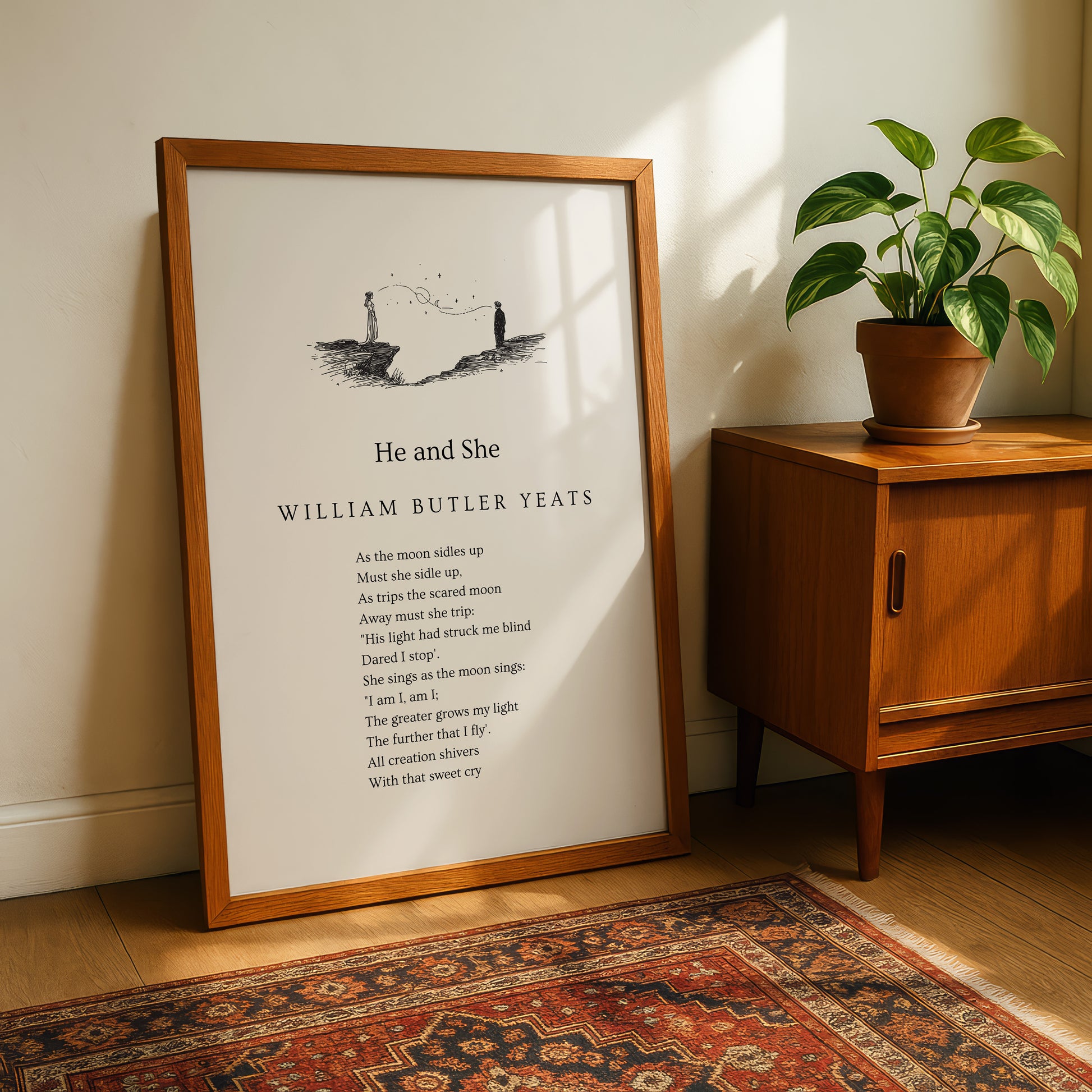 a framed poem titled "He and She" by William Butler Yeats, placed on a wooden floor next to a potted plant.
