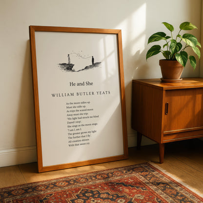 a framed poem titled "He and She" by William Butler Yeats, placed on a wooden floor next to a potted plant.