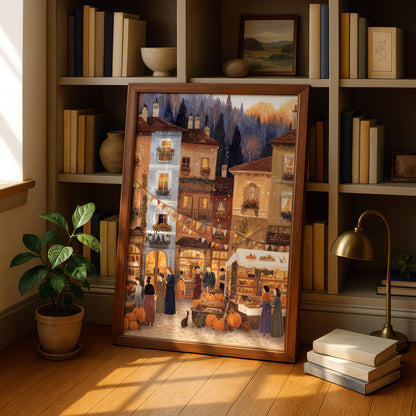 a framed painting of a quaint village scene, with people walking along a street lined with buildings and shops. The painting is displayed on a wooden shelf, surrounded by books and other decorative items.