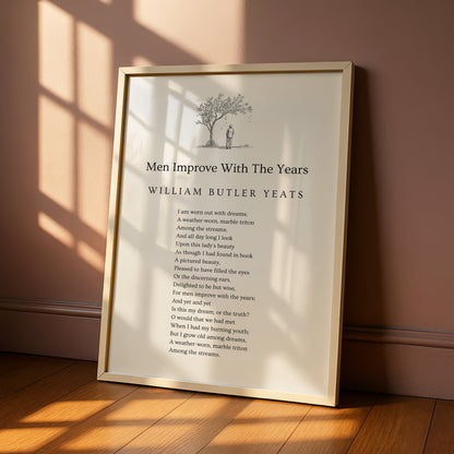 a framed poem titled "Men Improve With The Years" by William Butler Yeats, which is placed on a wooden floor against a wall.