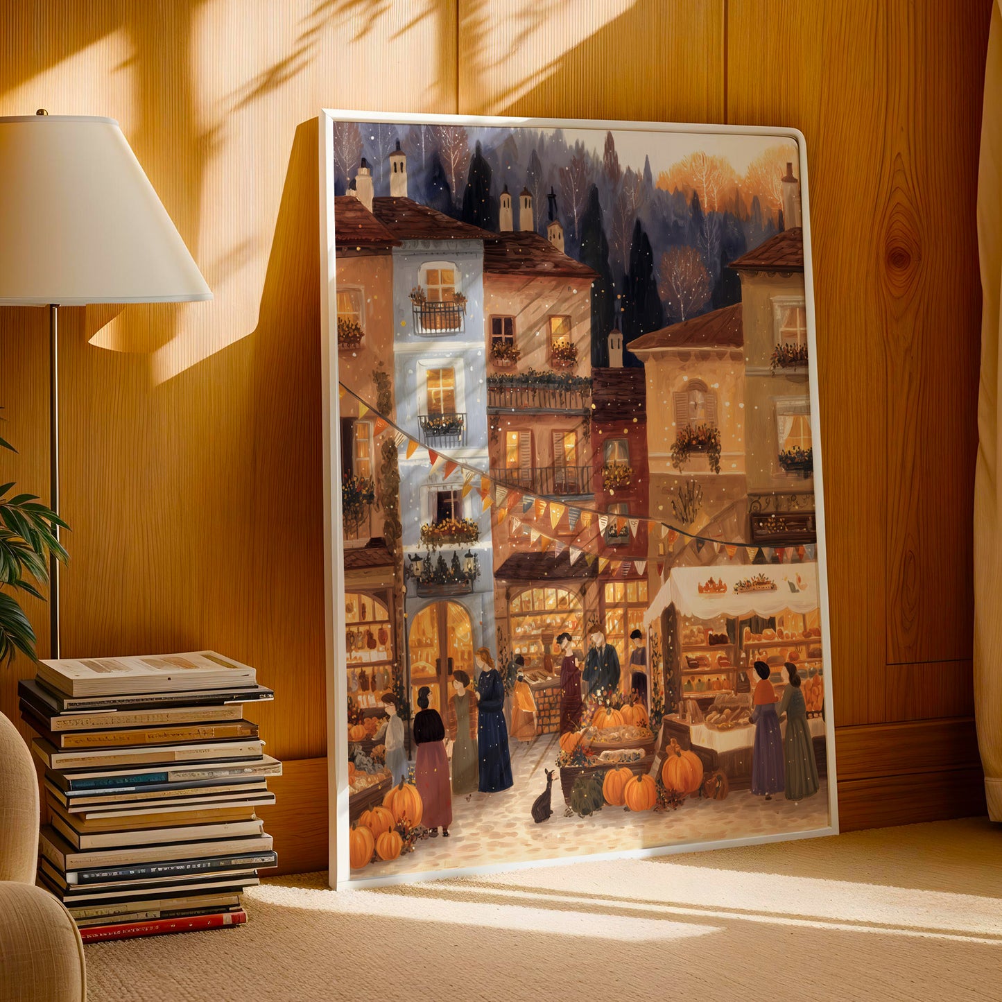 a lively street scene with people shopping and selling goods, including pumpkins, under a festive atmosphere.