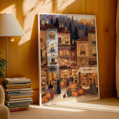 a lively street scene with people shopping and selling goods, including pumpkins, under a festive atmosphere.