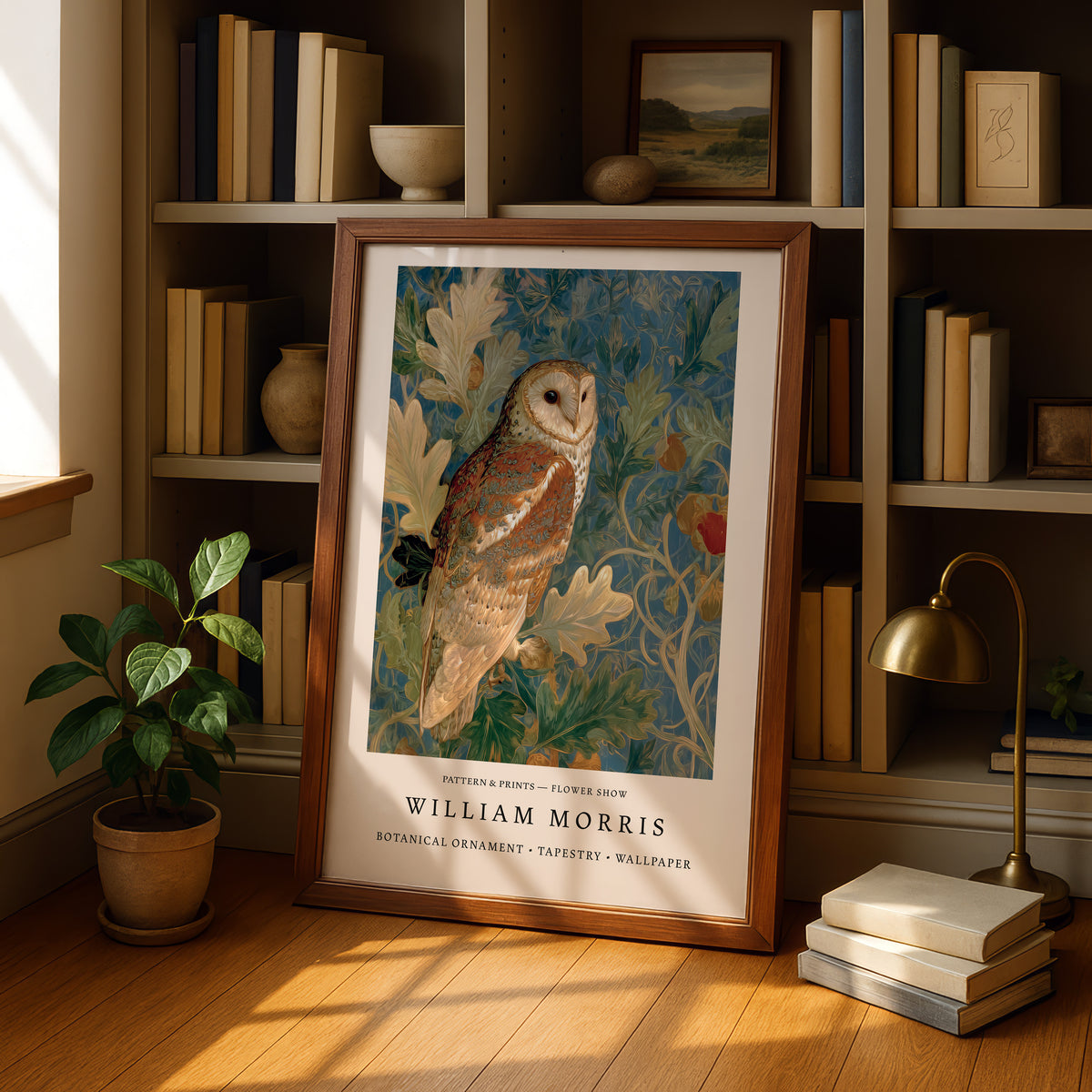 A framed print of a painting of an owl is displayed on a wooden shelf in a room with books and a potted plant.