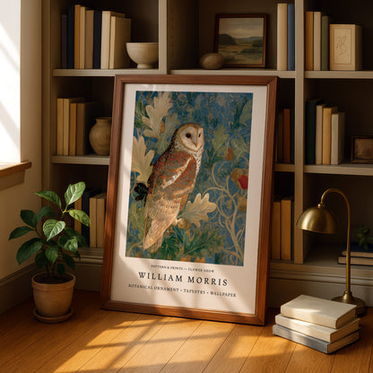 A framed print of a painting of an owl is displayed on a wooden shelf in a room with books and a potted plant.