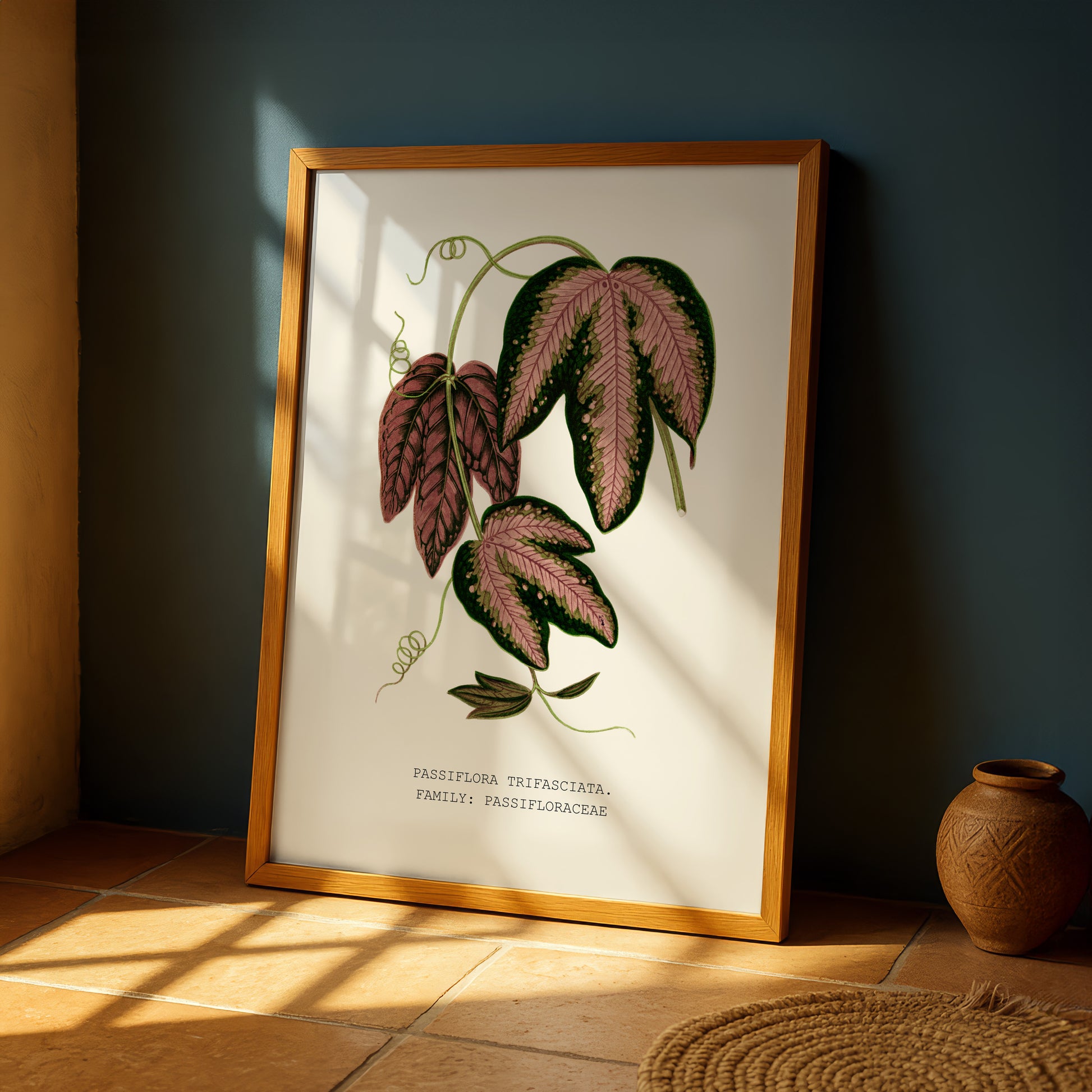 a framed botanical illustration of a plant with large, colorful leaves, placed on a wooden floor next to a small vase.