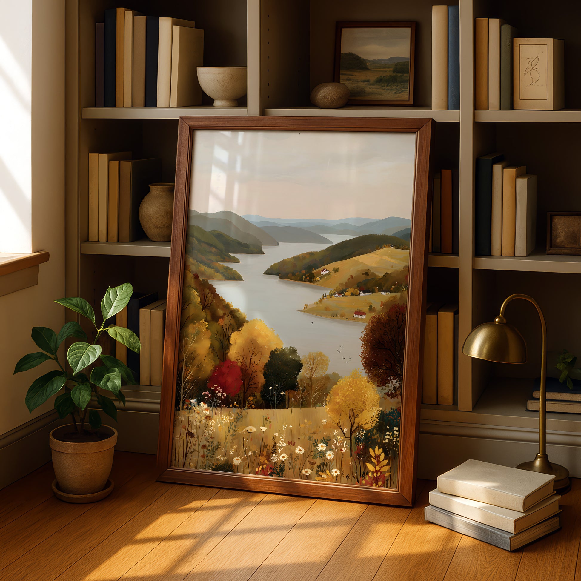 a large framed painting of a scenic landscape, with a river and mountains in the background, surrounded by trees and flowers. The painting is placed on a wooden floor in a room with bookshelves and a lamp.