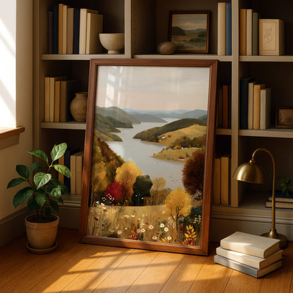 a large framed painting of a scenic landscape, with a river and mountains in the background, surrounded by trees and flowers. The painting is placed on a wooden floor in a room with bookshelves and a lamp.