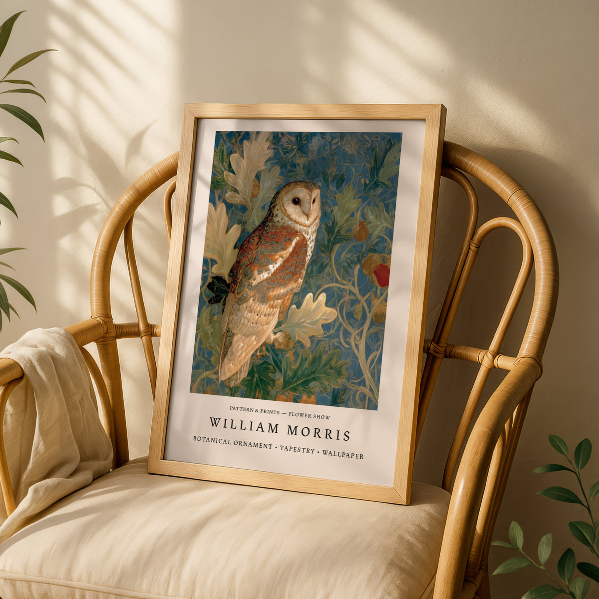 A framed print of a painting of an owl is displayed on a wooden chair.