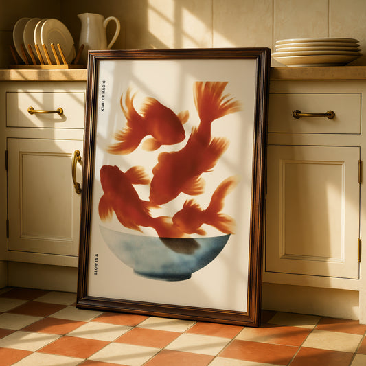 A framed print of a vibrant illustration of three goldfish swimming in a bowl is displayed on a kitchen counter.
