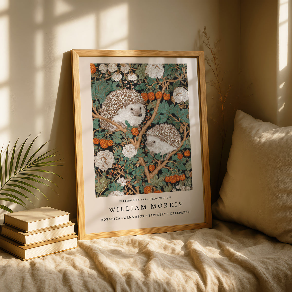 A framed print of a painting depicting two hedgehogs sitting on a branch with flowers and berries is displayed on a bed, surrounded by books and a plant.