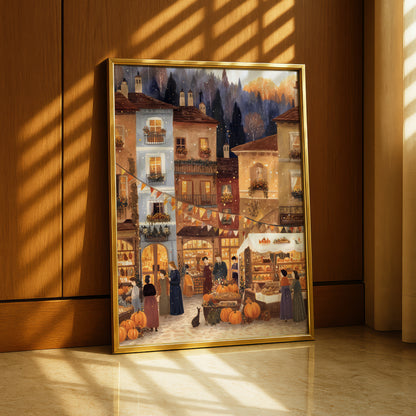 The image is a framed painting depicting a lively street scene with people, buildings, and a market filled with pumpkins.