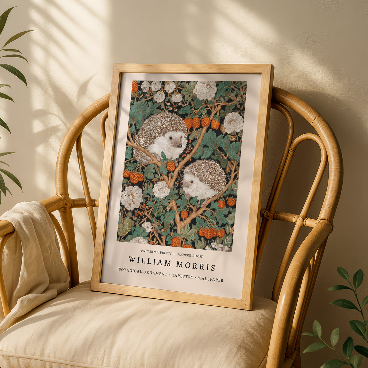 A framed print of a painting of two hedgehogs sitting in a floral arrangement is displayed on a wooden chair.