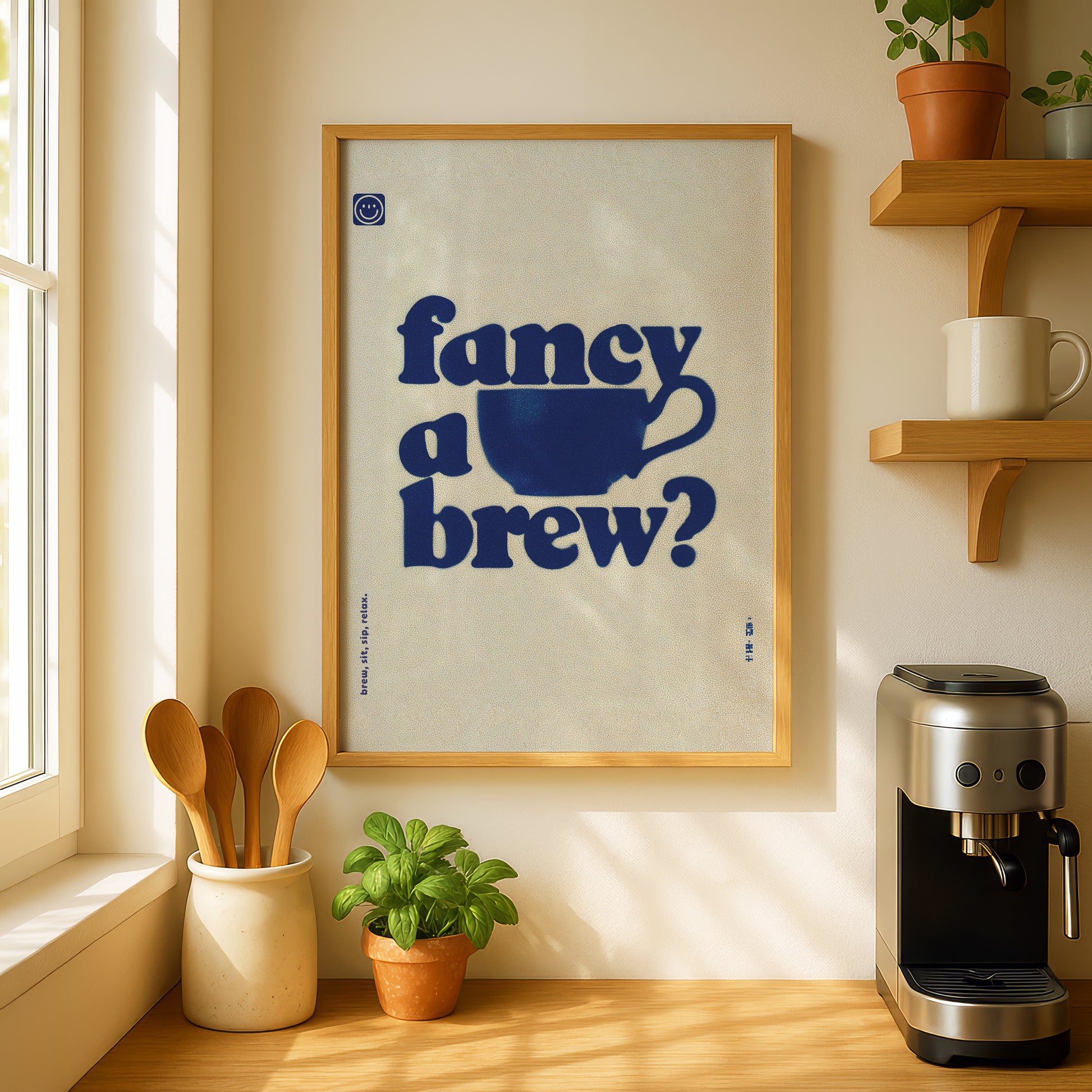 a framed poster with the text " Fancy a brew?" hanging on a wall above a coffee maker and a potted plant.