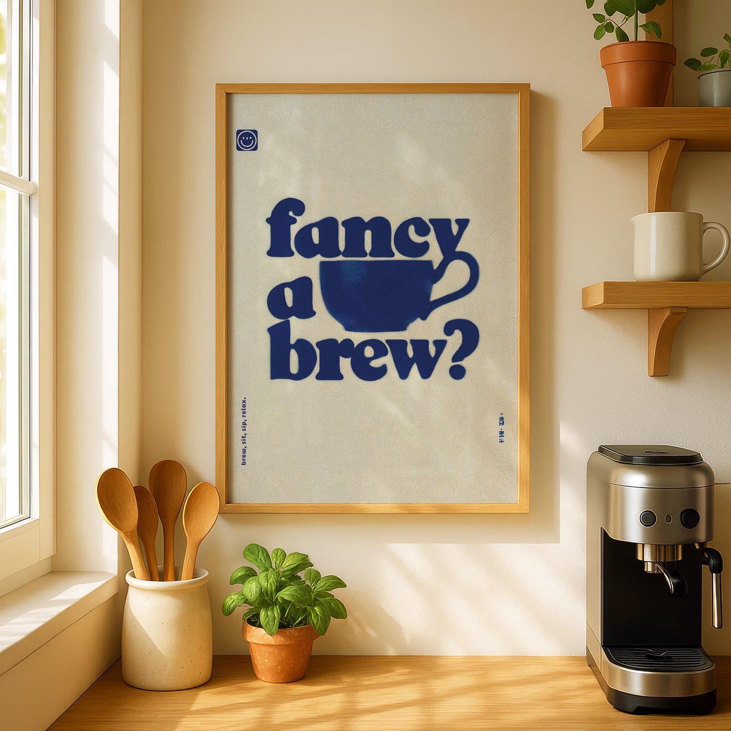 a framed poster with the text " Fancy a brew?" hanging on a wall above a coffee maker and a potted plant.