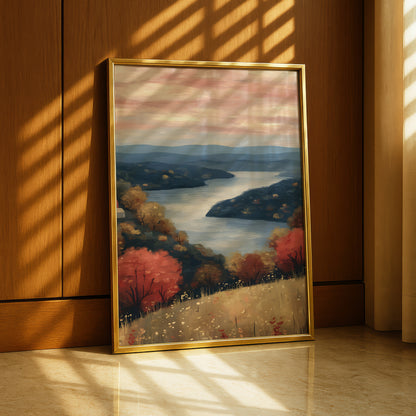 a framed painting of a serene landscape with a river, mountains, and trees, set against a warm, golden-toned background.