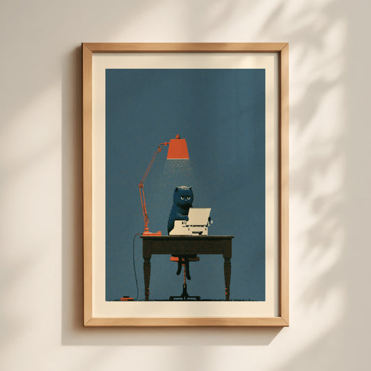 Black Cat at Desk Print