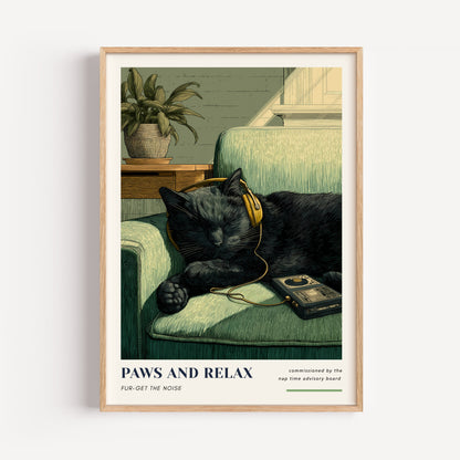 Black Cat Headphones Print - "Paws and Relax"