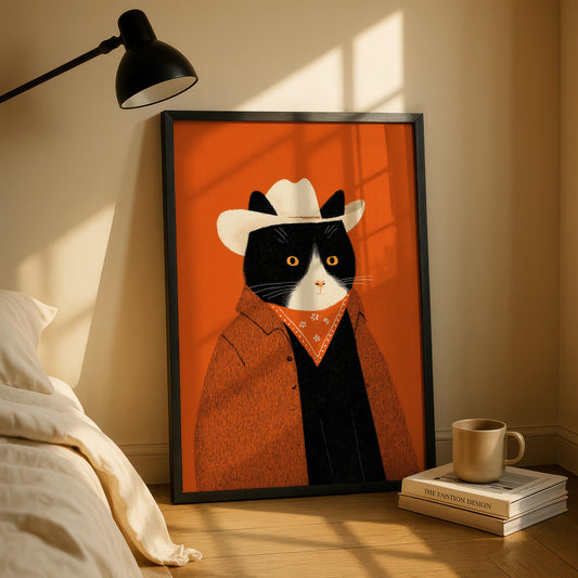 Cowboy Cat Print (Black & White Cat)