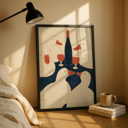 Ducks Drinking Wine Print - Blue