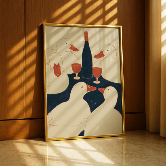 Ducks Drinking Wine Print - Blue