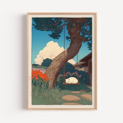 Japanese White Cat Spring Print