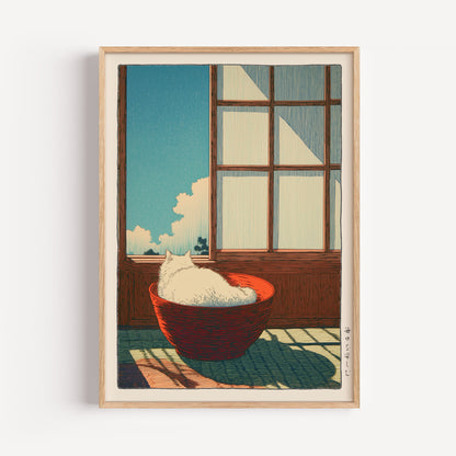 Japanese White Cat in Bowl Print