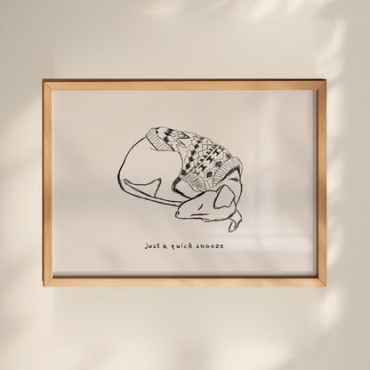 Sleeping Whippet in Sweater Print, pencil sketch of a whippet curled up asleep in a jumper