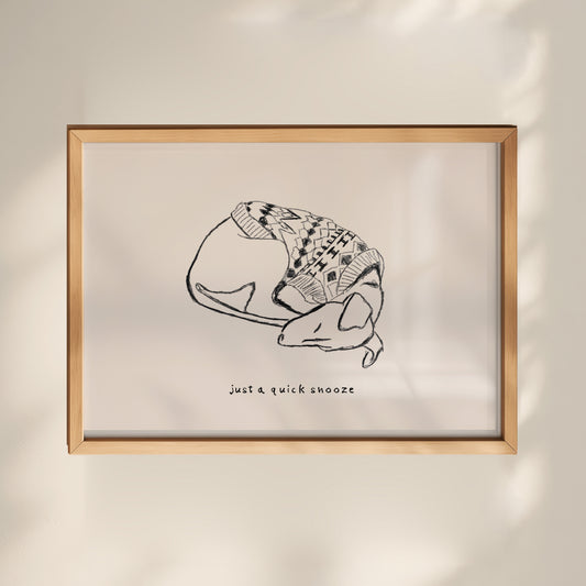 Sleeping Whippet in Sweater Print, pencil sketch of a whippet curled up asleep in a jumper