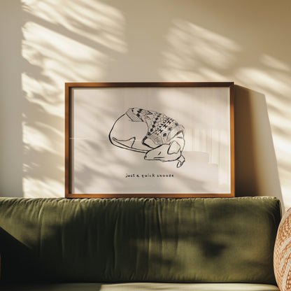 Sleeping Whippet in Sweater Print, landscape wall art mockup