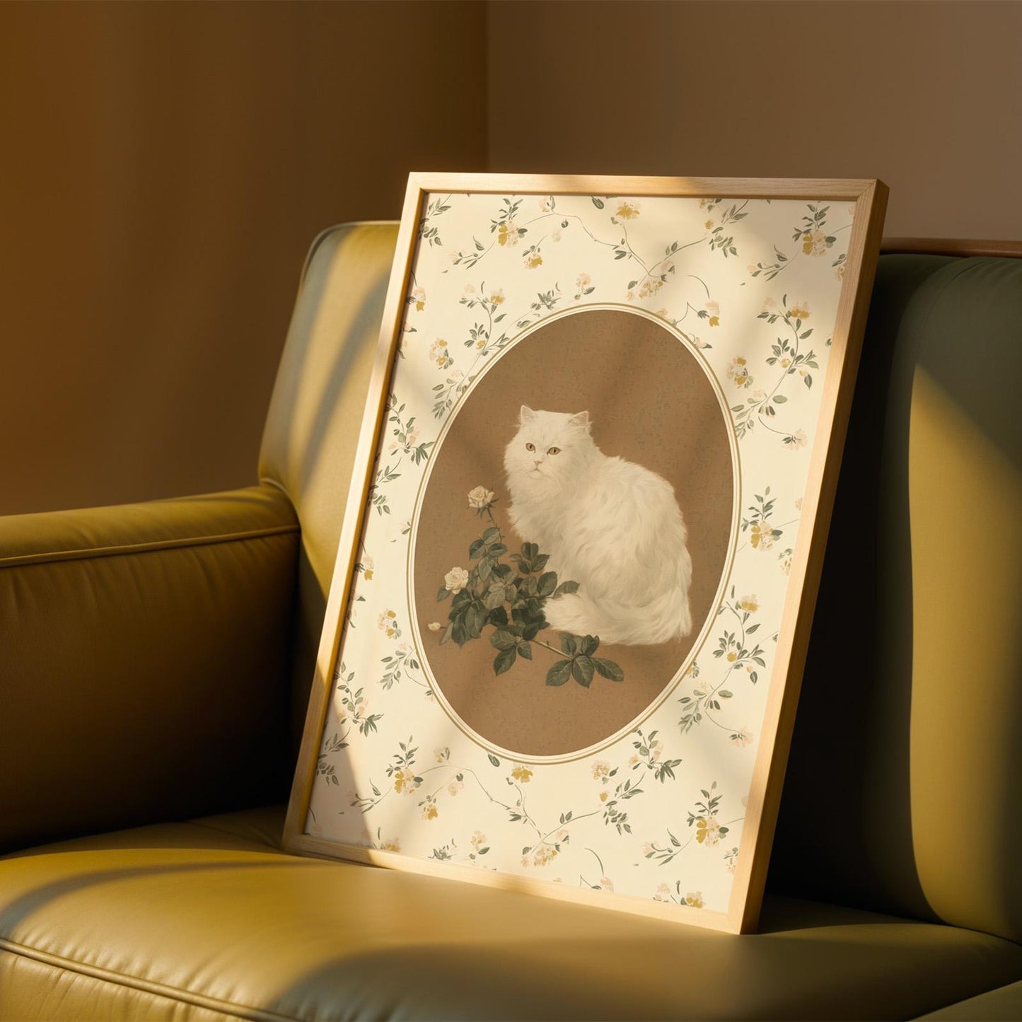 White Cat with Roses Print