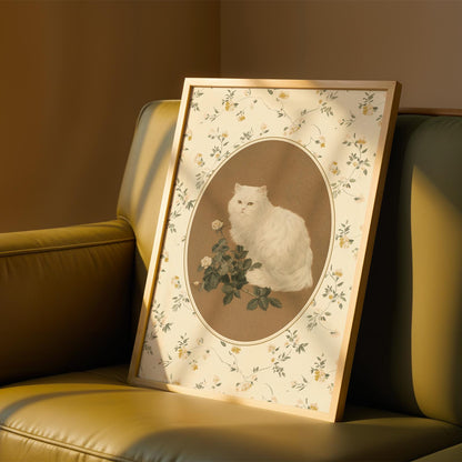 White Cat with Roses Print
