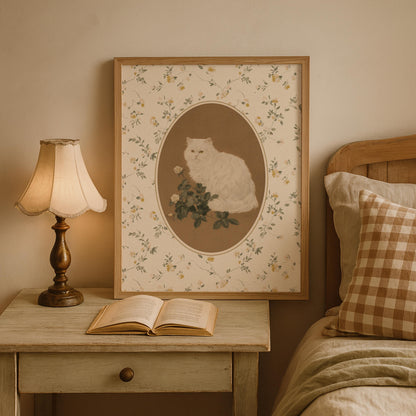 White Cat with Roses Print