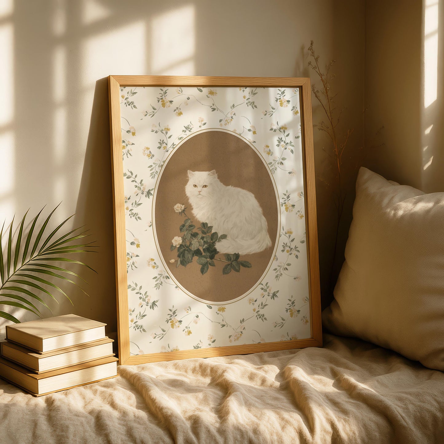 White Cat with Roses Print