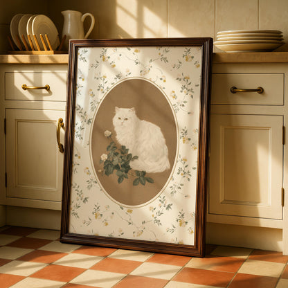 White Cat with Roses Print