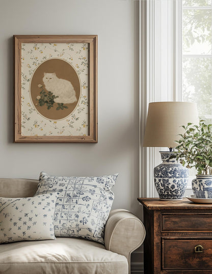 White Cat with Roses Print