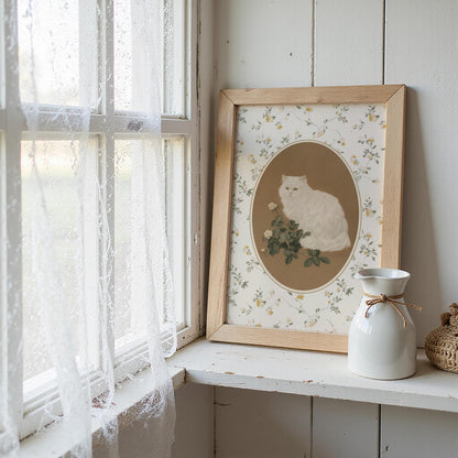 White Cat with Roses Print