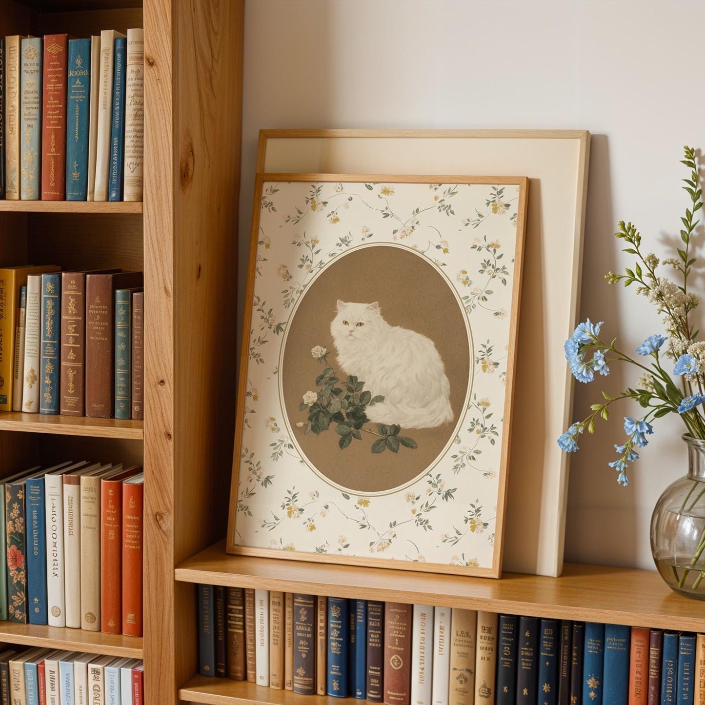 White Cat with Roses Print