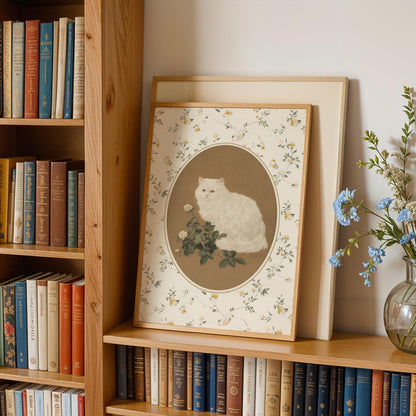 White Cat with Roses Print