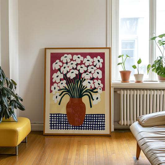 White Flower Red Vase Print