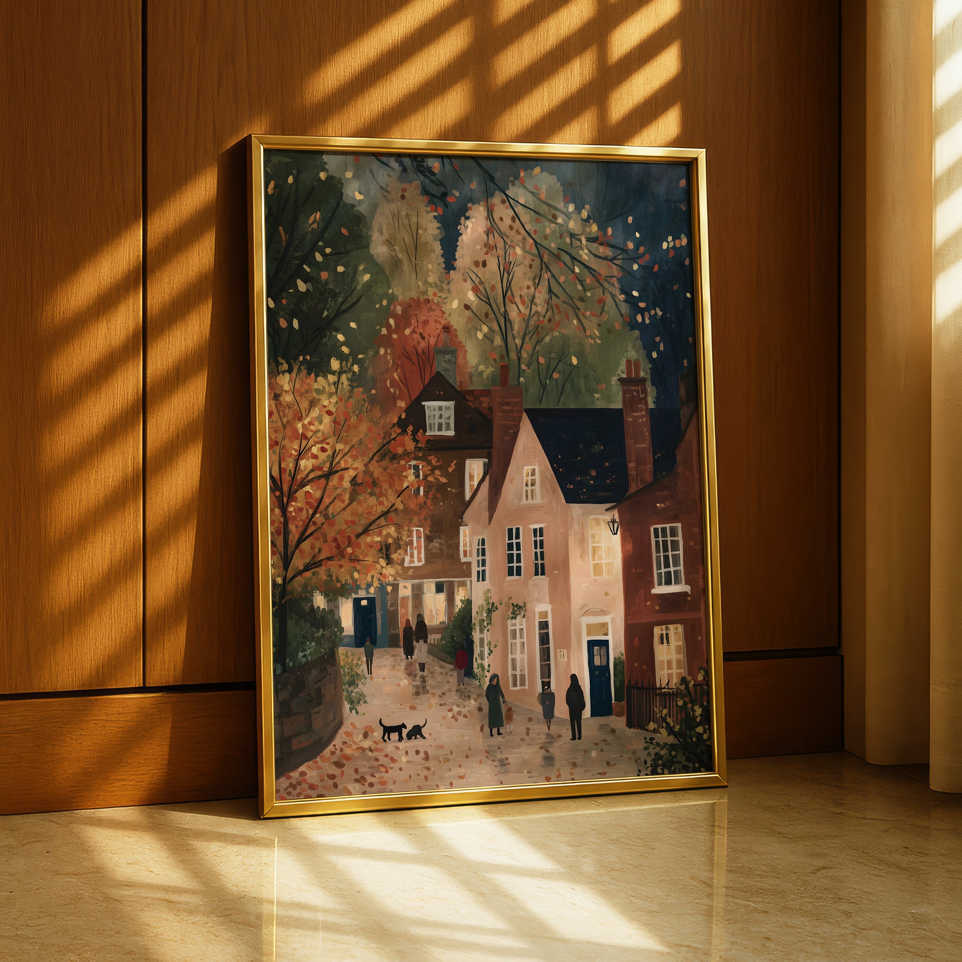 a painting of a quaint village scene with colorful houses, trees, and people walking along a path.